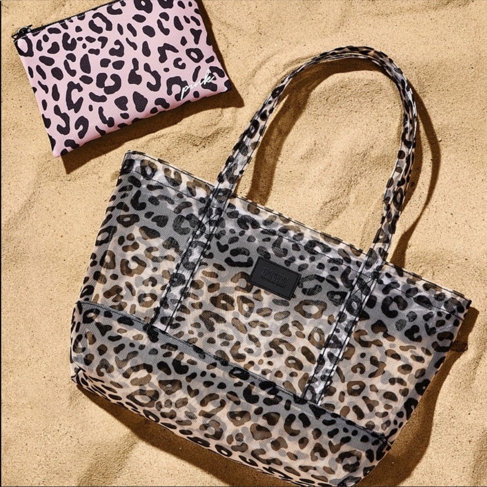 Victoria’s Secret PINK Mesh Mini Bag w Pouch Leopard Print Gray NEW